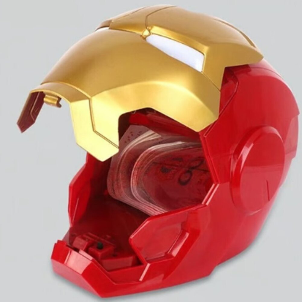 Iron Man Helmet Electric Piggy Bank Password Lock Banknote Storage Kids Toy